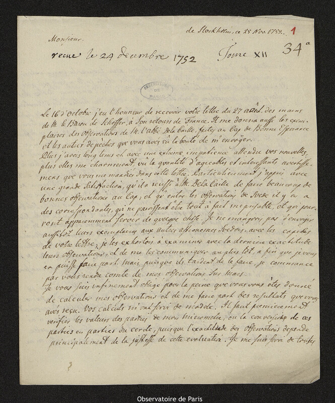 Lettre de Pehr Wilhelm Wargentin à Joseph-Nicolas Delisle, Stockholm, 25 novembre 1752