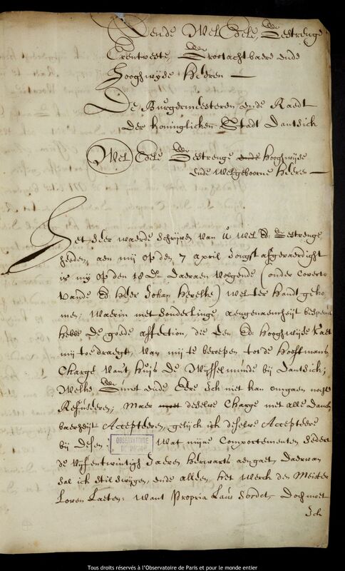 Lettre de Jan Hendricksz Tim à Jan Heweliusz, Amsterdam, 9 mai 1673