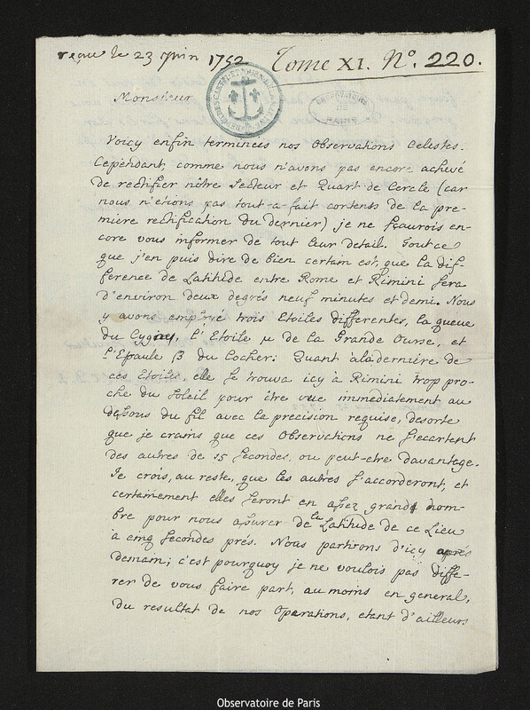 Lettre de Christopher Maire à Joseph-Nicolas Delisle, Rimini, 25 mai 1752