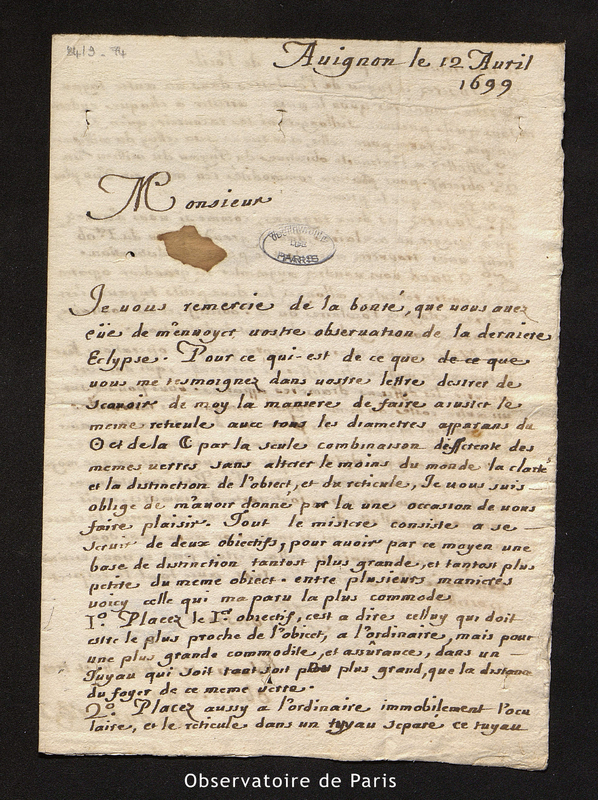 Lettre de Bonfa à Cassini [I], Avignon le 12 avril 1699