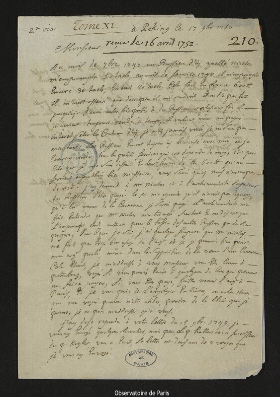 Lettre de Antoine Gaubil à Joseph-Nicolas Delisle, Pékin, 17 novembre 1750