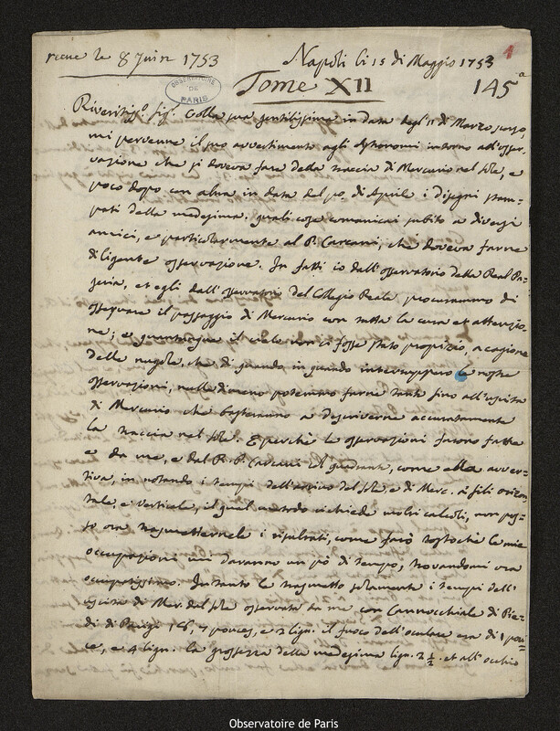 Lettre de Felice Sabatelli à Joseph-Nicolas Delisle, Naples, 15 mai 1753