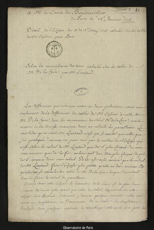 Lettre de Joseph-Nicolas Delisle à Henri de Boulainvilliers, Paris, 28 janvier 1715