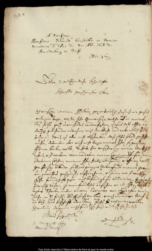 Lettre de Jan Heweliusz à Gottfried Schmidt, Gdansk, 15 mars 1679