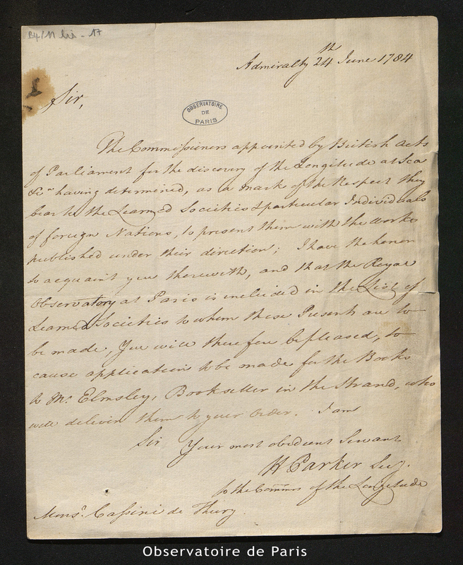 Lettre de H. Parker à Cassini III, Admiralty le 24 juin 1784