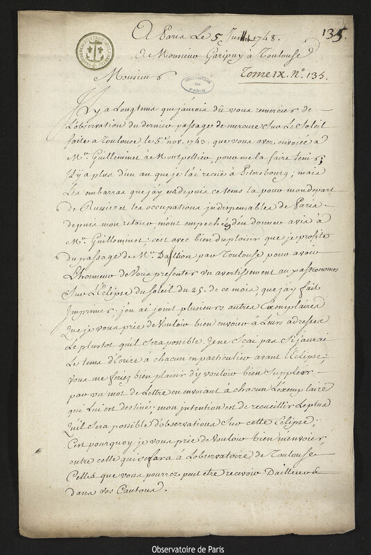 Lettre de Joseph-Nicolas Delisle à François-Philippe-Antoine Garipuy, Paris, 5 juillet 1748