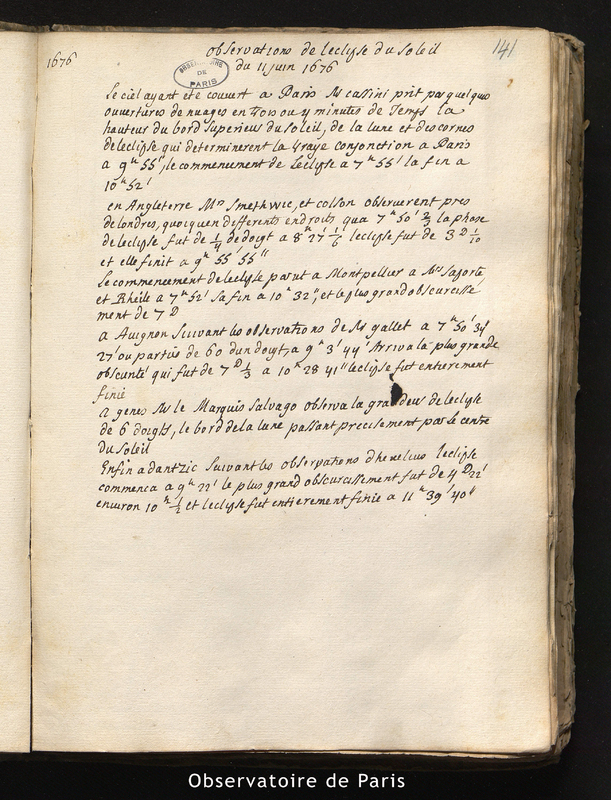 CASSINI I. Observations de l'éclipse du Soleil du 11 juin 1676