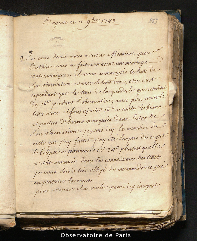 Lettre de l'évêque de Bayeux à Cassini II, Bayeux le 11 novembre 1743