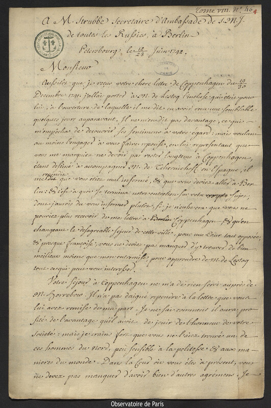 Lettre de Joseph-Nicolas Delisle à Frédéric-Henri Strube de Piermont, Saint-Pétersbourg, 23 juin 1742