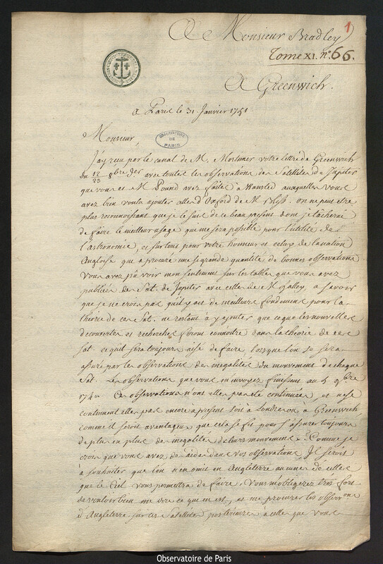 Lettre de Joseph-Nicolas Delisle à James Bradley, Paris, 31 janvier 1751