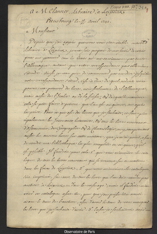 Lettre de Joseph-Nicolas Delisle à Gottlieb Clanner, Saint-Pétersbourg, 21 avril 1742