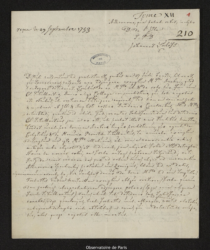 Lettre de Johannes Zulofs à Joseph-Nicolas Delisle, Leyde, 25 septembre 1753