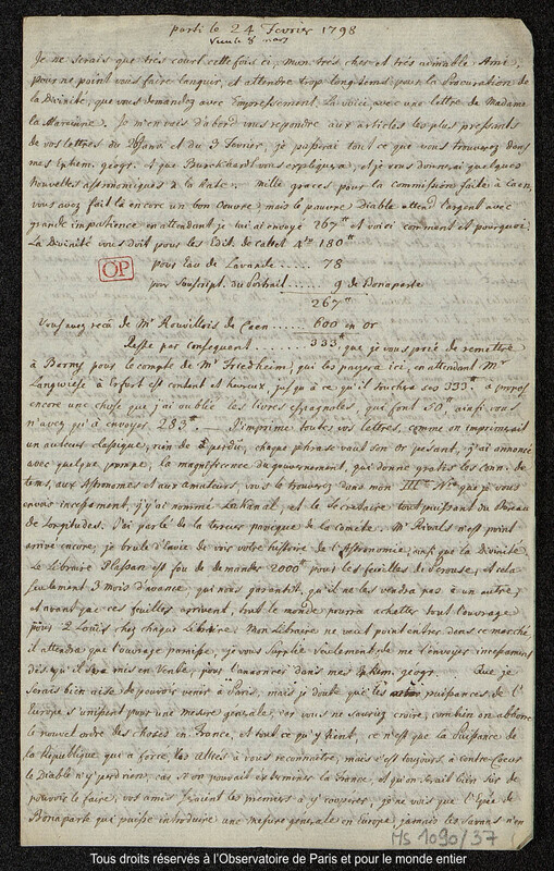 Lettre du baron Franz Xaver von Zach à Joseph Jérôme Le françois de Lalande [Gotha], 24 février 1798