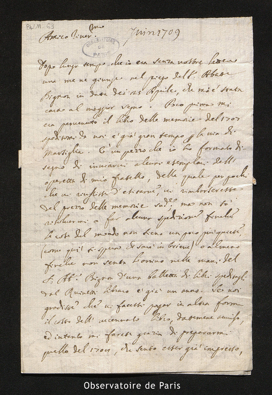 Lettre de Manfredi à Maraldi, en juin 1709