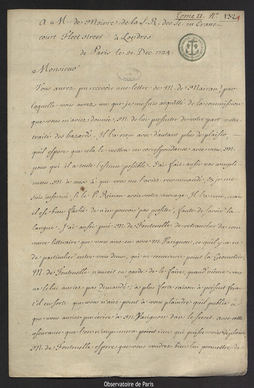 Lettre de Joseph-Nicolas Delisle à Abraham de Moivre, Paris, 21 décembre 1724