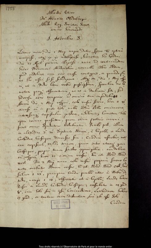 Lettre de Jan Heweliusz à Henry Oldenburg, Gdansk, 13 mai 1677