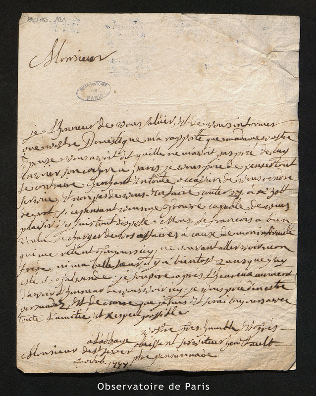 Lettre de Heurtault à Le Monnier, Port du Castel le 4 octobre 1777