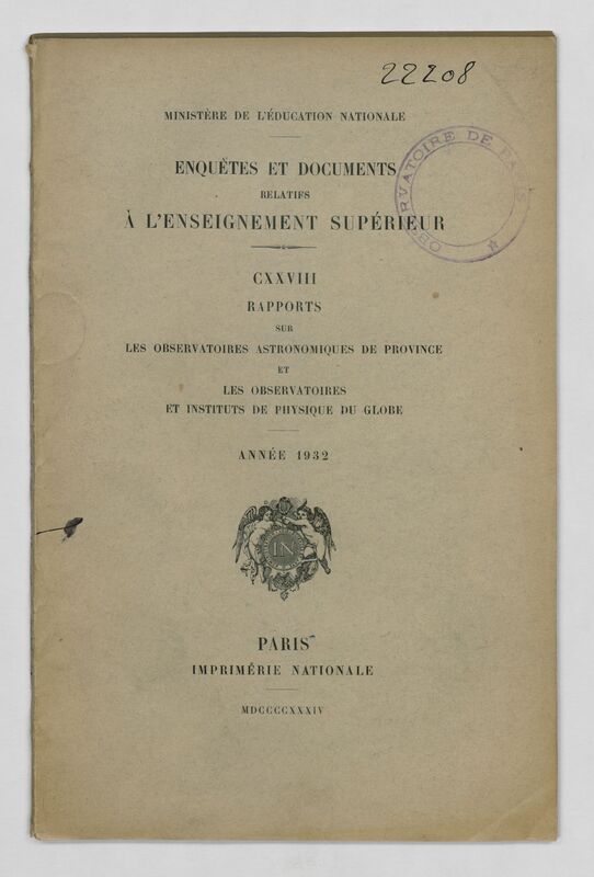 (1932) Rapport sur les observatoires astronomiques de province