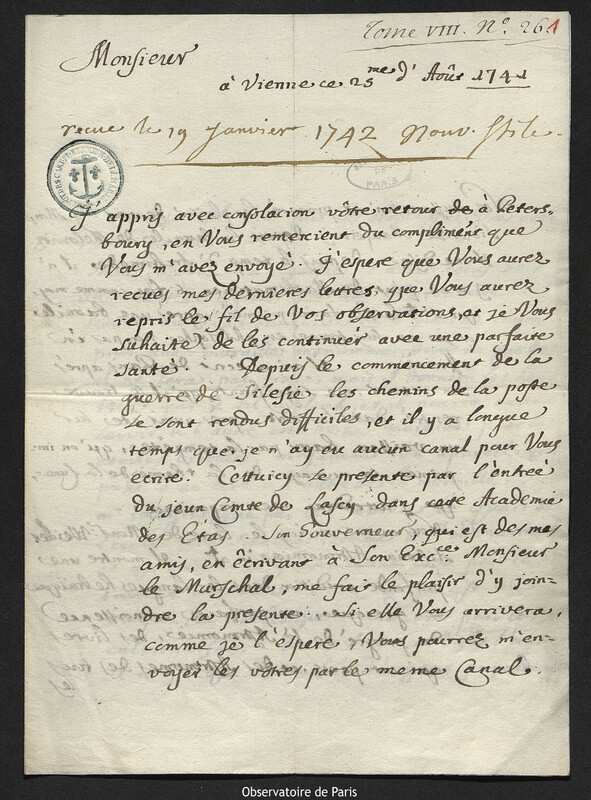 Lettre de Giovanni Giacomo Marinoni à Joseph-Nicolas Delisle, Vienne, 25 août 1741