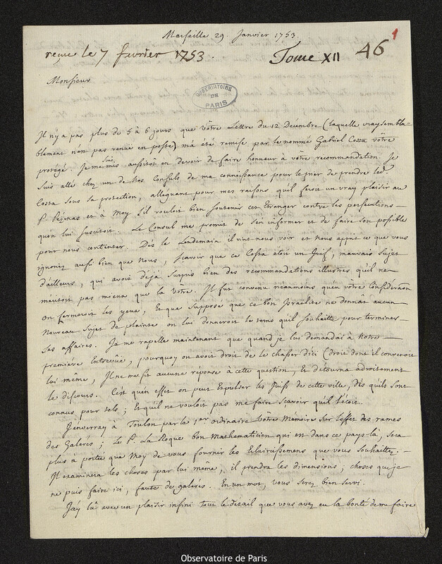 Lettre de Louis Lagrange à Joseph-Nicolas Delisle, Marseille, 29 janvier 1753