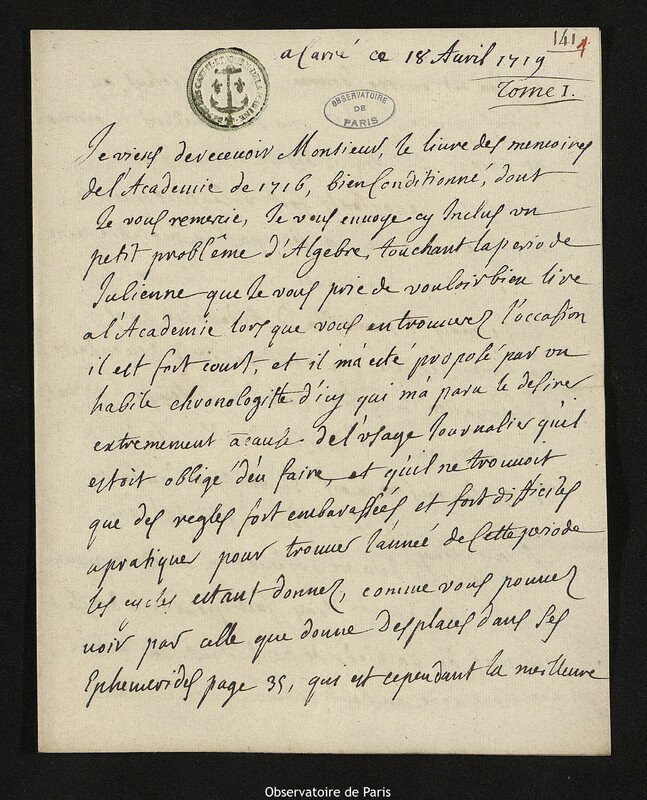 Lettre de Jacques d'Allonville de Louville à Joseph-Nicolas Delisle, Lieu-dit Le Clos du Petit Carré, 18 avril 1719