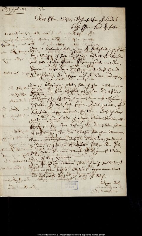 Lettre de Jan Hendricksz Tim à Jan Heweliusz, Amsterdam, 25 septembre 1683