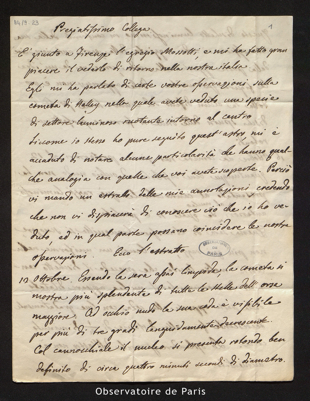 Lettre d'Amici à François Arago, Florence en novembre 1835