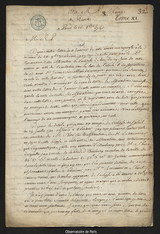 Lettre de Joseph-Nicolas Delisle à Christopher Maire, Paris, 26 octobre 1750