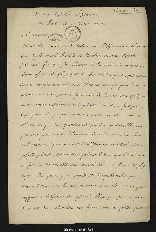 Lettre de Joseph-Nicolas Delisle à Jean-Paul Bignon, Paris, 17 octobre 1720