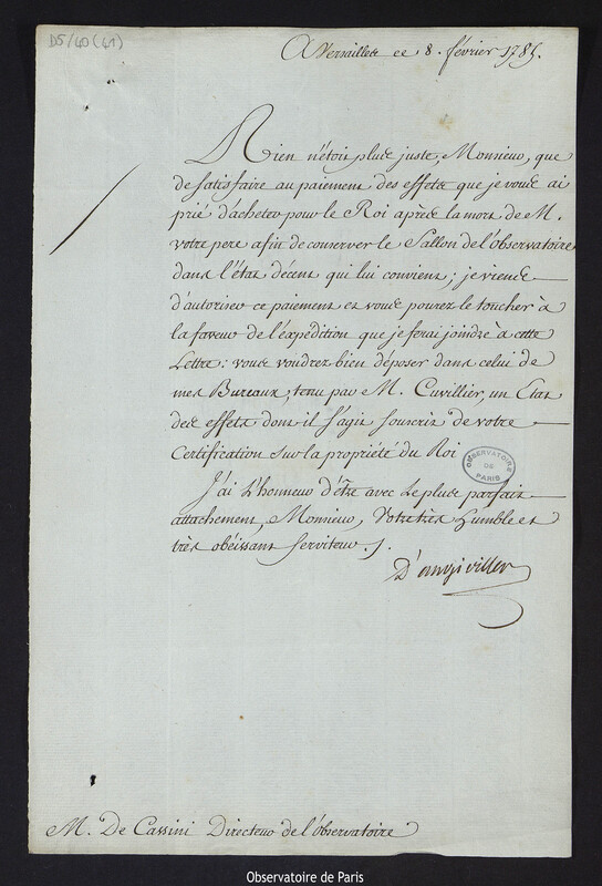 Lettre du comte d'Angiviller à Cassini IV, à Versailles le 8 février 1785