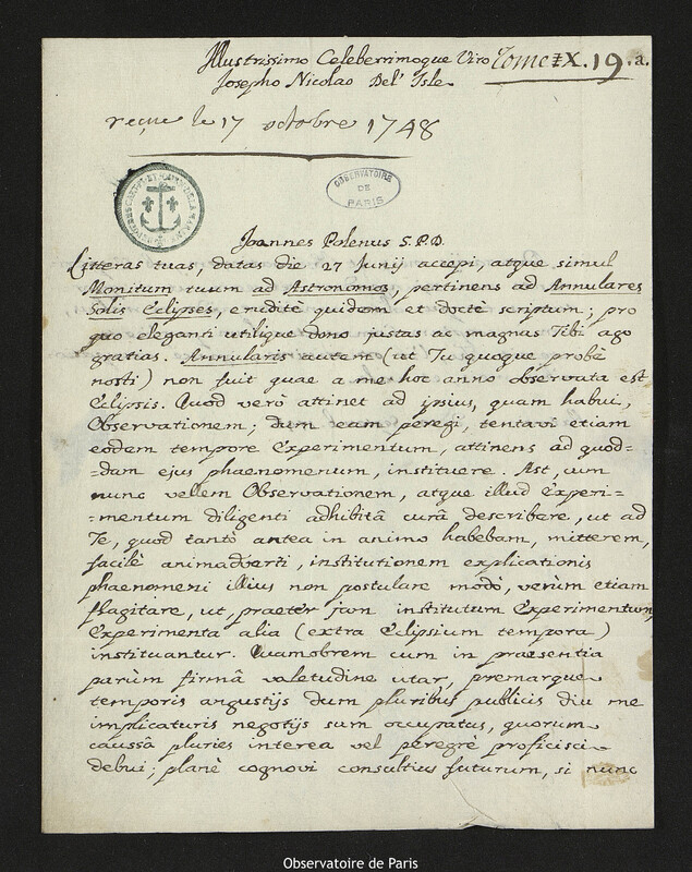 Lettre de Giovanni Poleni à Joseph-Nicolas Delisle, Padoue, 10 octobre 1748