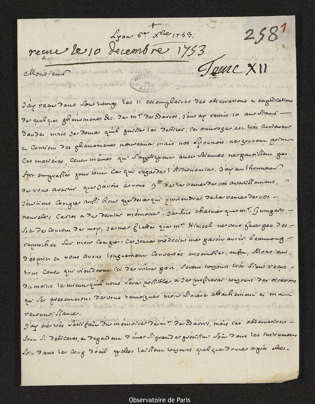 Lettre de Laurent Béraud à Joseph-Nicolas Delisle, Lyon, 6 décembre 1753