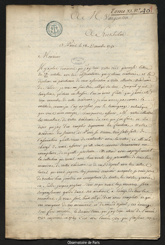 Lettre de Joseph-Nicolas Delisle à Pehr Wilhelm Wargentin, Paris, 18 décembre 1750