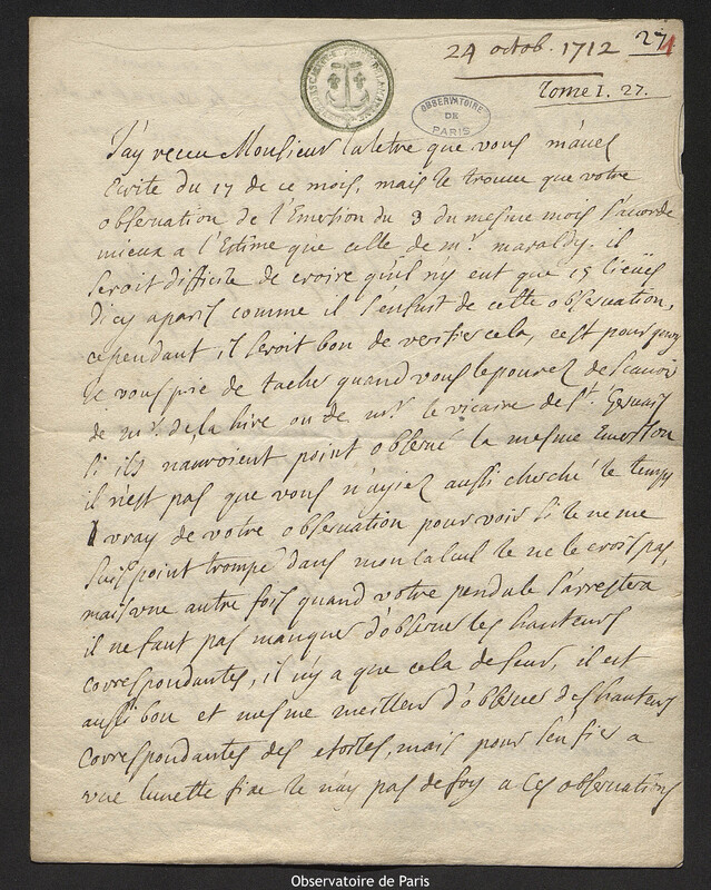 Lettre de Jacques d'Allonville de Louville à Joseph-Nicolas Delisle, Louville-la-Chenard, 24 octobre 1712