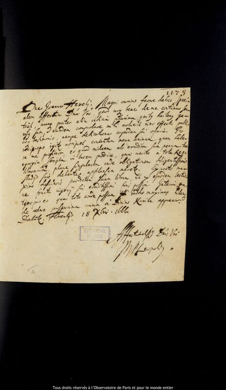 Lettre de Leopoldo de' Medici à Jan Heweliusz, Florence, 18 décembre 1666