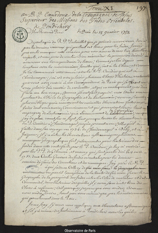 Lettre de Joseph-Nicolas Delisle à Gaston-Laurent Coeurdoux, Paris, 18 janvier 1752