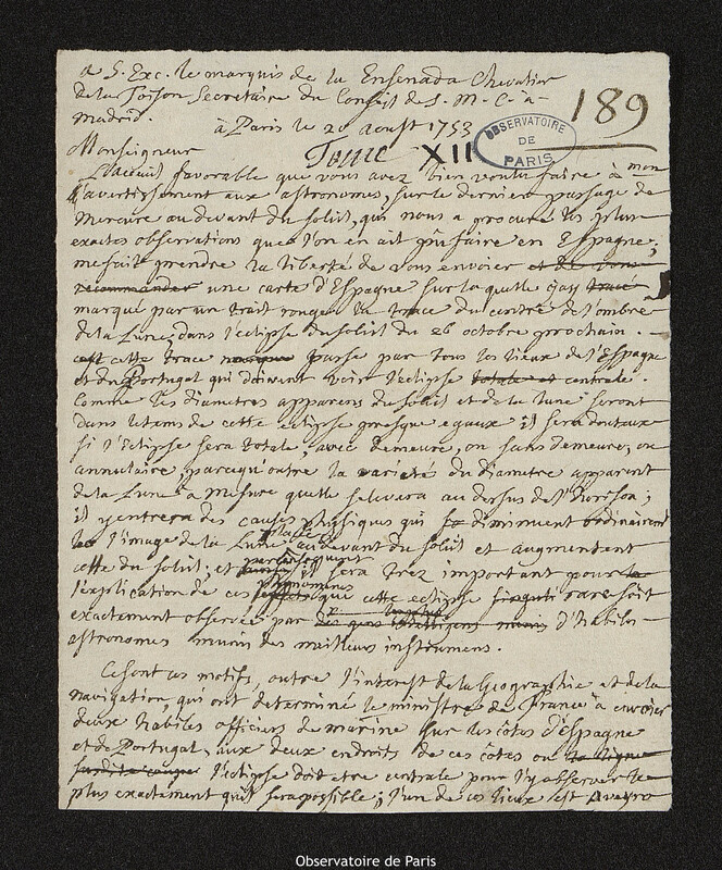 Lettre de Joseph-Nicolas Delisle à Zenón de Somodevilla y Bengoechea, marquis de la Ensenada,Paris, 20 août 1753