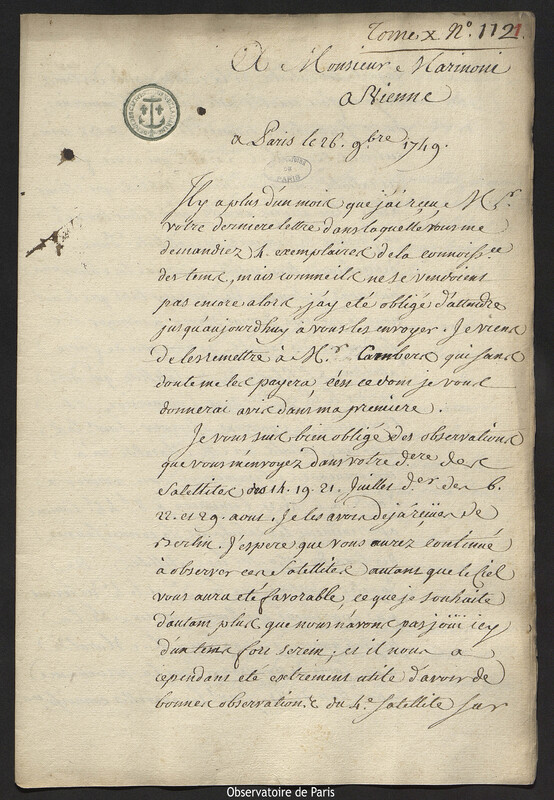 Lettre de Joseph-Nicolas Delisle à Giovanni Giacomo Marinoni, Paris, 26 novembre 1749