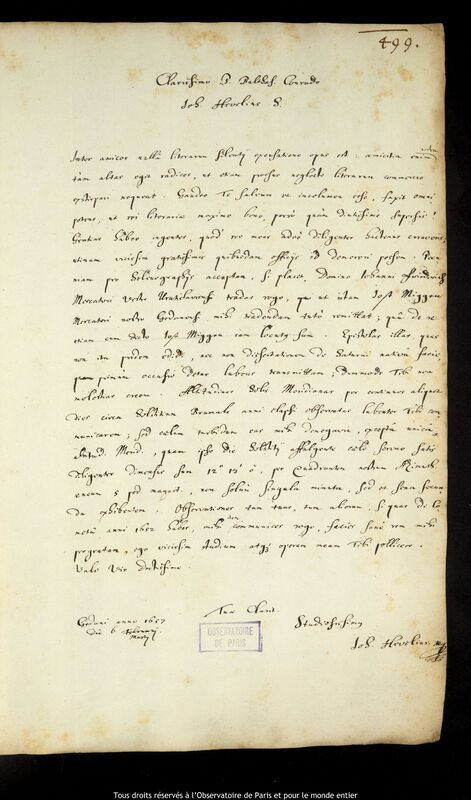 Lettre de Jan Heweliusz à Balthasar Conrad, Gdansk, 6 mars 1657