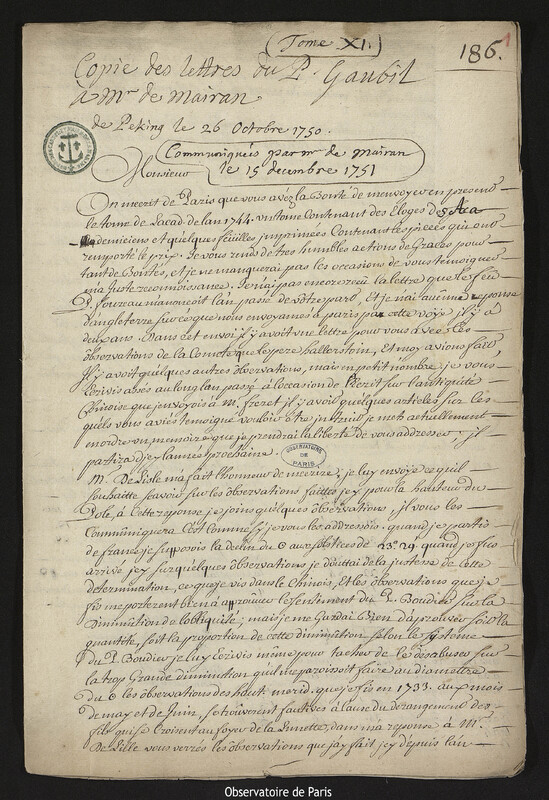 Lettre de Antoine Gaubil à Jean-Jacques Dortous de Mairan, Pékin, 26 octobre 1751