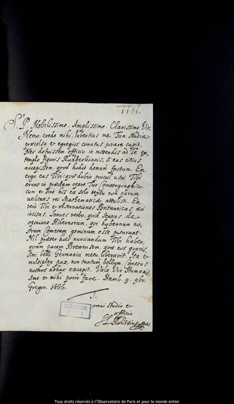 Lettre de Stanislaw Lubieniecki à Jan Heweliusz, Hambourg, 9 novembre 1666