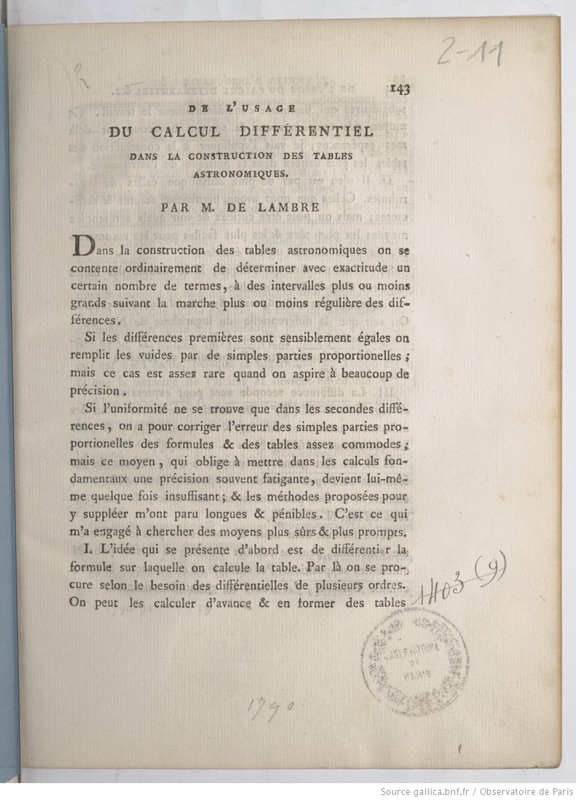 De l'usage du calcul différentiel dans la construction des tables astronomiques