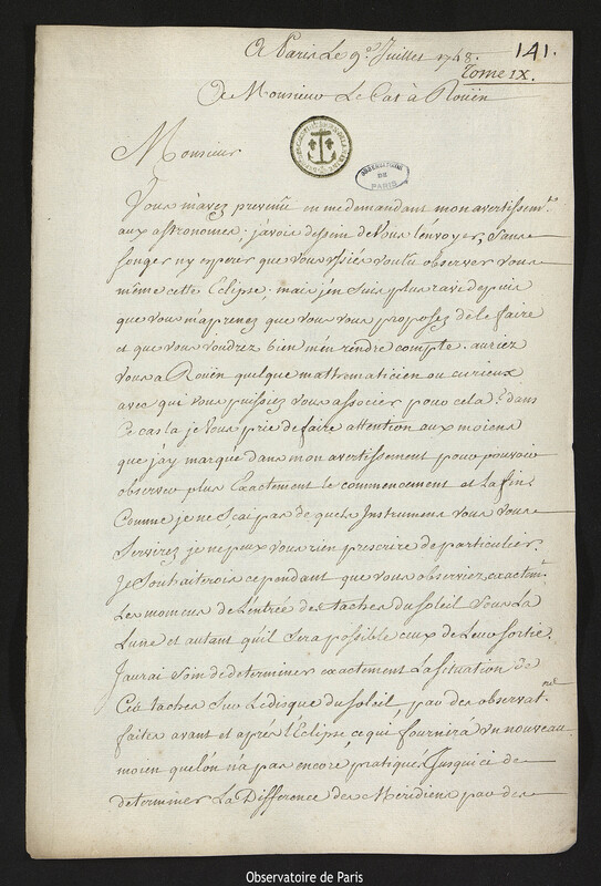 Lettre de Joseph-Nicolas Delisle à Claude-Nicolas Le Cat, Paris, 9 juillet 1748