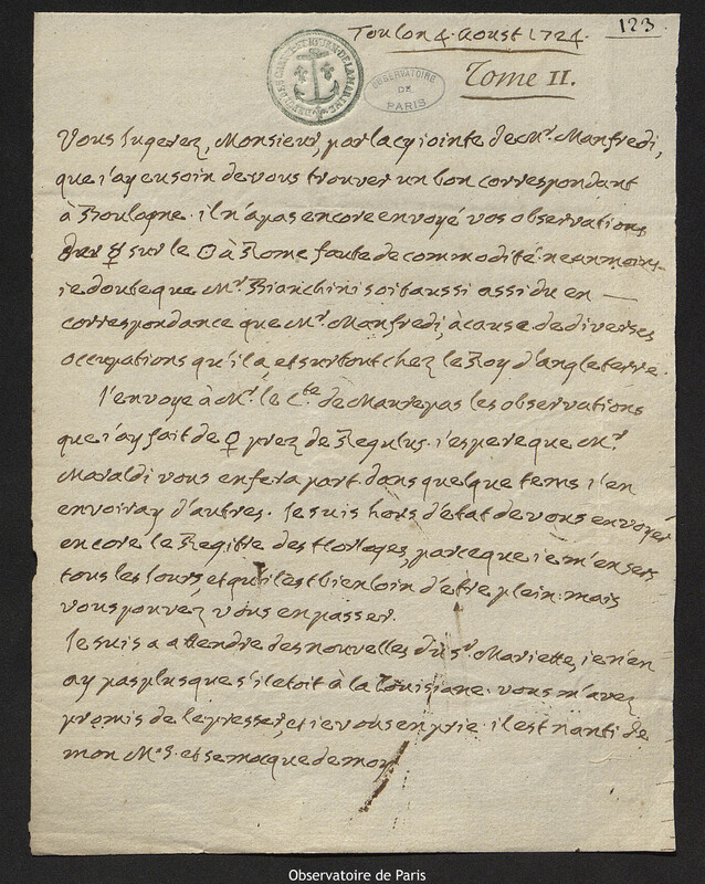 Lettre de Antoine-François Laval à Joseph-Nicolas Delisle, Toulon, 4 août 1724