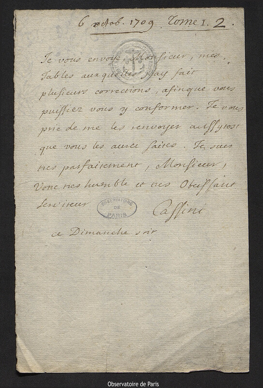 Lettre de Jacques Cassini à Joseph-Nicolas Delisle, 6 octobre 1709