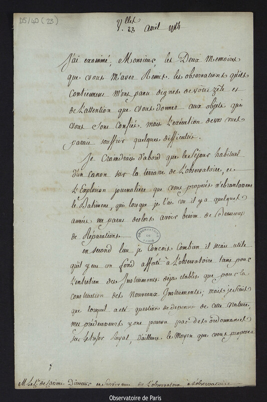 Lettre de Louis Le Tonnelier, baron de Breteuil, à Cassini IV, directeur de l'Observatoire, le 23 avril 1784