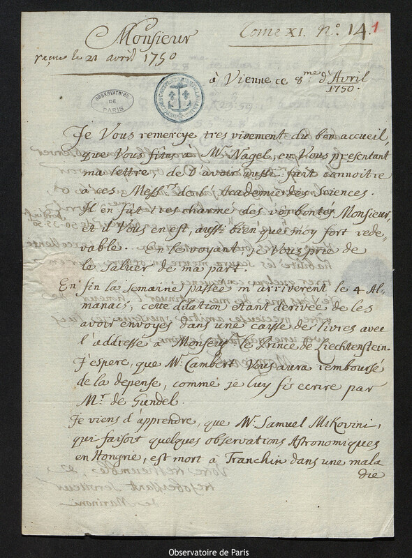 Lettre de Giovanni Giacomo Marinoni à Joseph-Nicolas Delisle, Vienne, 8 avril 1750