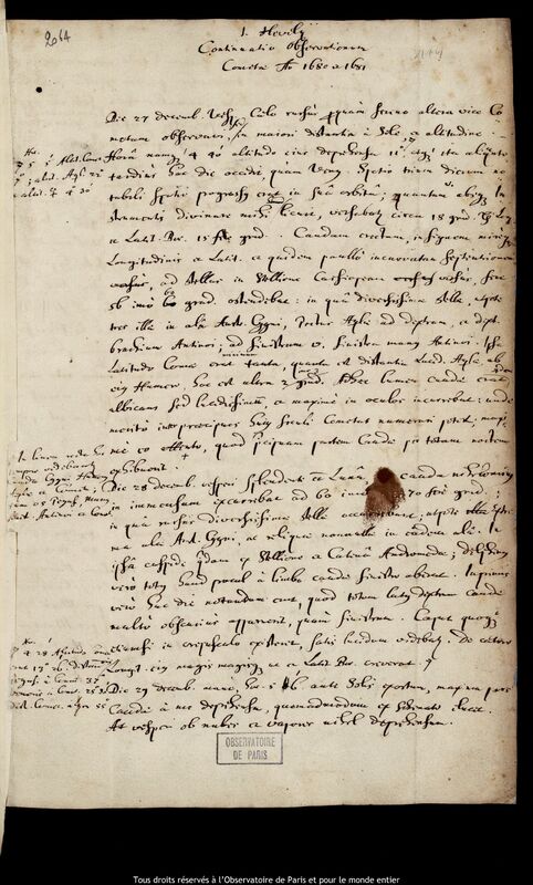 Texte manuscrit de Jan Heweliusz, Gdansk, 9 janvier 1681