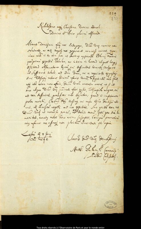 Lettre de Maciej Gloskowski à Jan Heweliusz, Leszno, 8 juin 1648