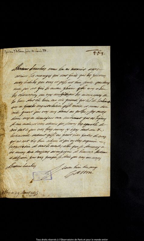 Lettre de Gaston d'Orléans à Jan Heweliusz, Blois, 29 août 1655